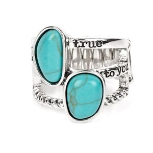 Silver and Turquoise Ring True To You Blue Stretchy Fashion Jewelry Paparazzi